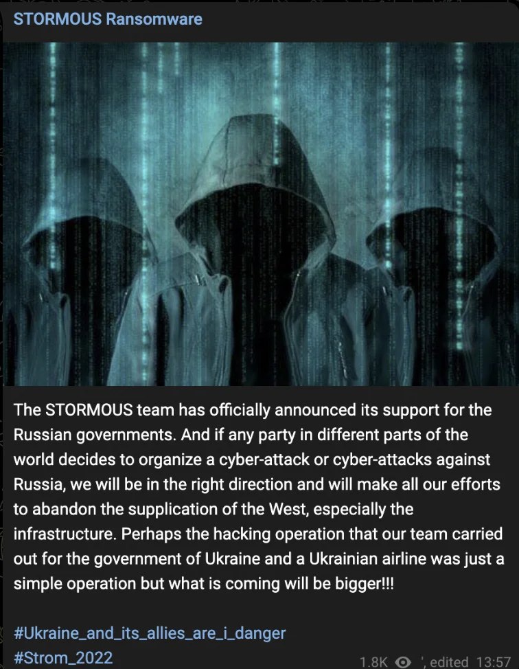 Screenshot of a message from Stormous Telegram channel